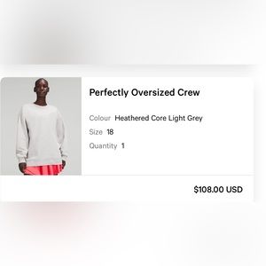 LULULEMON PERFECTLY OVERSIZED CREW GREY SIZE 18